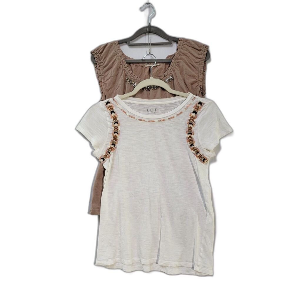 Bundle x2 Blouses Crystal Embellished Tan Crew Neck & XXSP Ann Taylor Beaded Top
